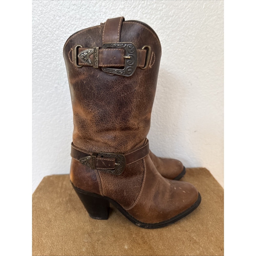 Dingo Women's Brown Leather Western Boots Size 6.5 Mid-Calf Buckle Harness